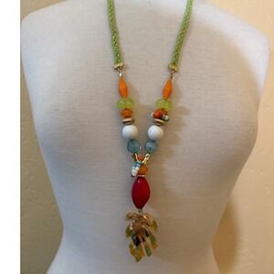 1946 Tropical Monstera Leaf Statement Necklace Green Braided Cord Beaded Bold